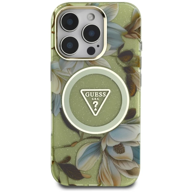 Чохол Guess Glitter Flowers Triangle Buttons для iPhone 16 Pro Max Green with MagSafe (GUHMP16XHFLPEDN)