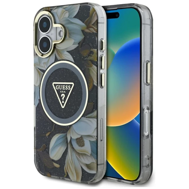 Чохол Guess Glitter Flowers Triangle Buttons для iPhone 16 Black with MagSafe (GUHMP16SHFLPEDK)