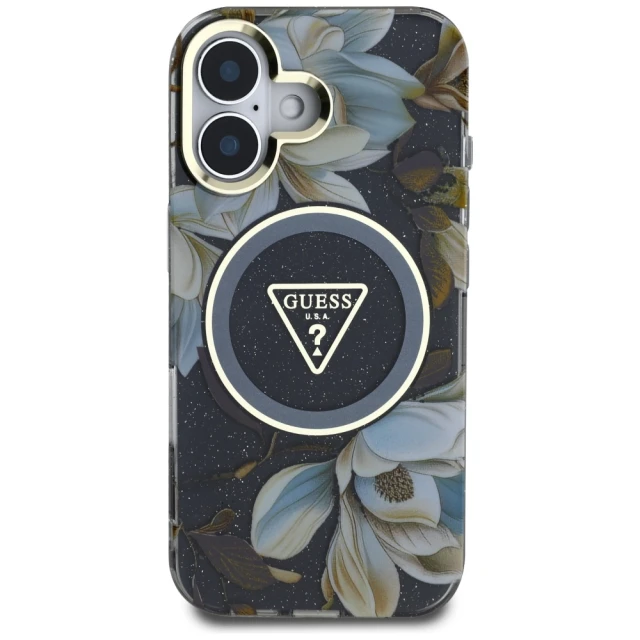 Чохол Guess Glitter Flowers Triangle Buttons для iPhone 16 Black with MagSafe (GUHMP16SHFLPEDK)