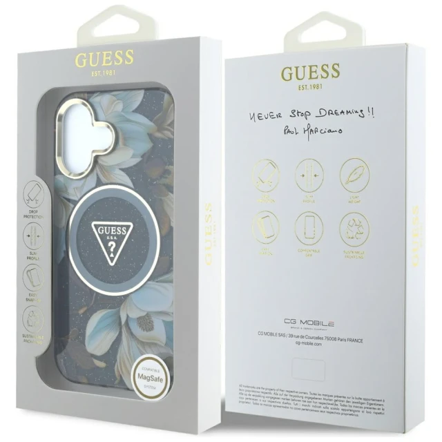 Чохол Guess Glitter Flowers Triangle Buttons для iPhone 16 Black with MagSafe (GUHMP16SHFLPEDK)