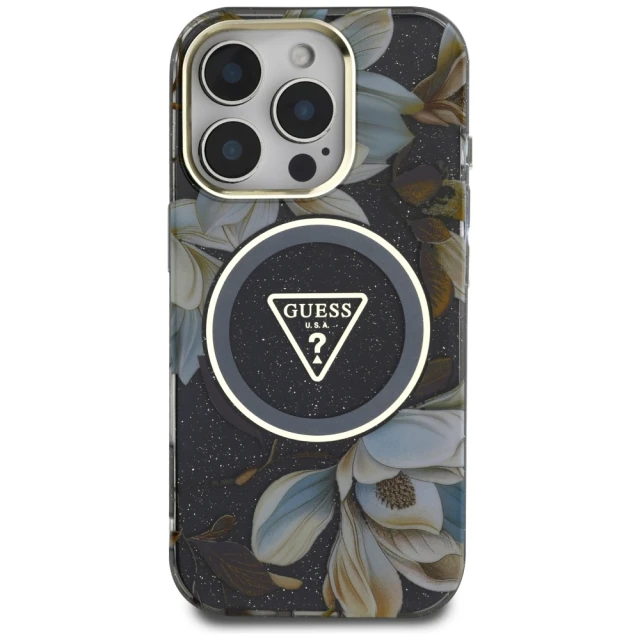 Чохол Guess Glitter Flowers Triangle Buttons для iPhone 16 Pro Max Black with MagSafe (GUHMP16XHFLPEDK)