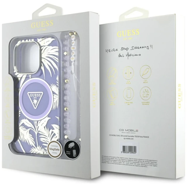 Чохол Guess Palm Trees Triangle Pearl Strap для iPhone 16 Pro Max Purple with MagSafe (GUHMP16XHPCTPLSU)