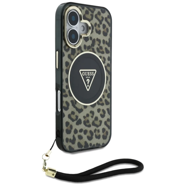 Чохол Guess HC IML Leopard Triangle Cord Strap для iPhone 16 Brown with MagSafe (GUHMP16SHLORSSW)