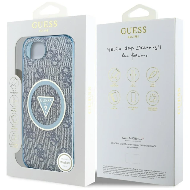 Чохол Guess IML Metal Glitter 4G Circle Triangle для iPhone 16e Blue with MagSafe (GUHMPSE4HG4PRTGB)