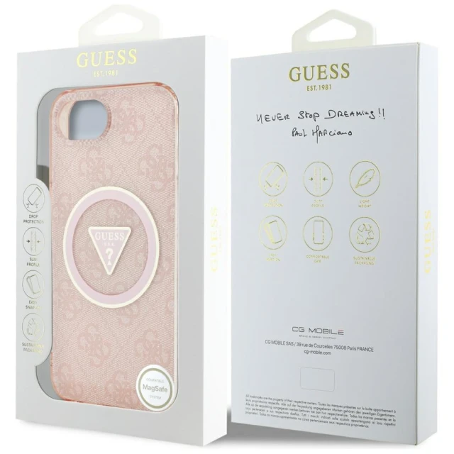 Чохол Guess IML Metal Glitter 4G Circle Triangle для iPhone 16e Pink with MagSafe (GUHMPSE4HG4PRTGP)