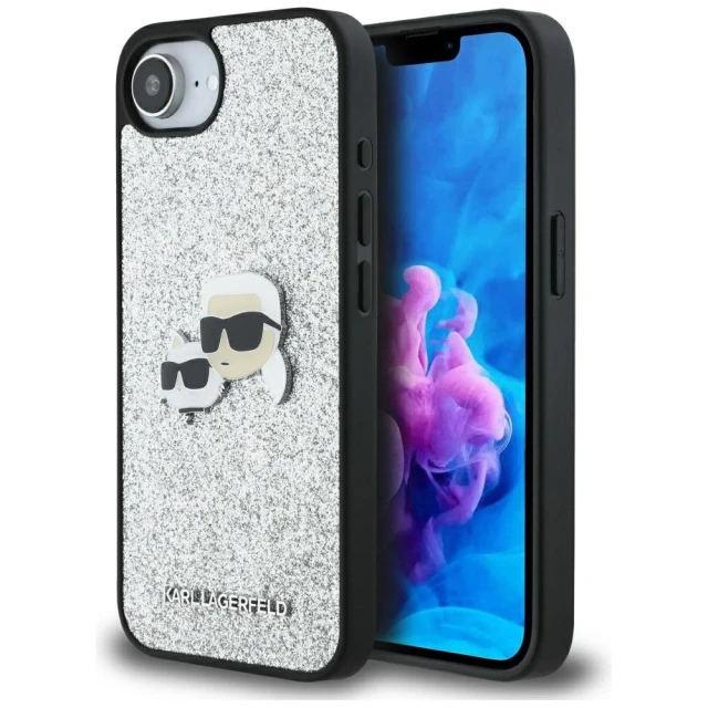 Чохол Karl Lagerfeld Fixed Glitter Karl & Choupette Heads Metal Pin для iPhone 16e Silver (KLHCPSE4PFGKCPS)