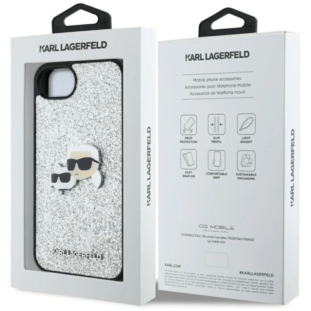 Чохол Karl Lagerfeld Fixed Glitter Karl & Choupette Heads Metal Pin для iPhone 16e Silver (KLHCPSE4PFGKCPS)