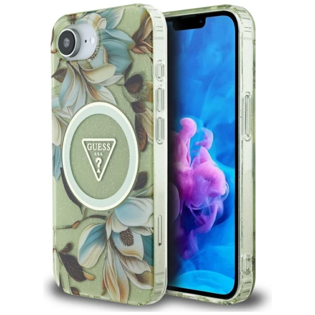 Чохол Guess Glitter Flowers Triangle Buttons для iPhone 16e Green with MagSafe (GUHMPSE4HFLPEDN)