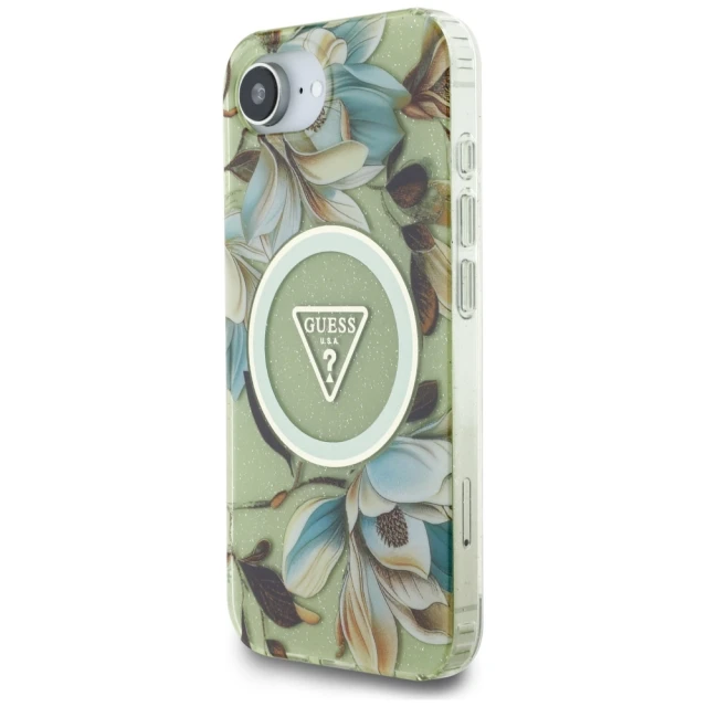 Чохол Guess Glitter Flowers Triangle Buttons для iPhone 16e Green with MagSafe (GUHMPSE4HFLPEDN)