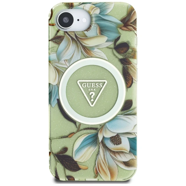 Чохол Guess Glitter Flowers Triangle Buttons для iPhone 16e Green with MagSafe (GUHMPSE4HFLPEDN)