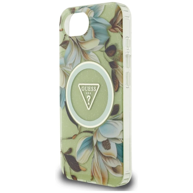 Чохол Guess Glitter Flowers Triangle Buttons для iPhone 16e Green with MagSafe (GUHMPSE4HFLPEDN)