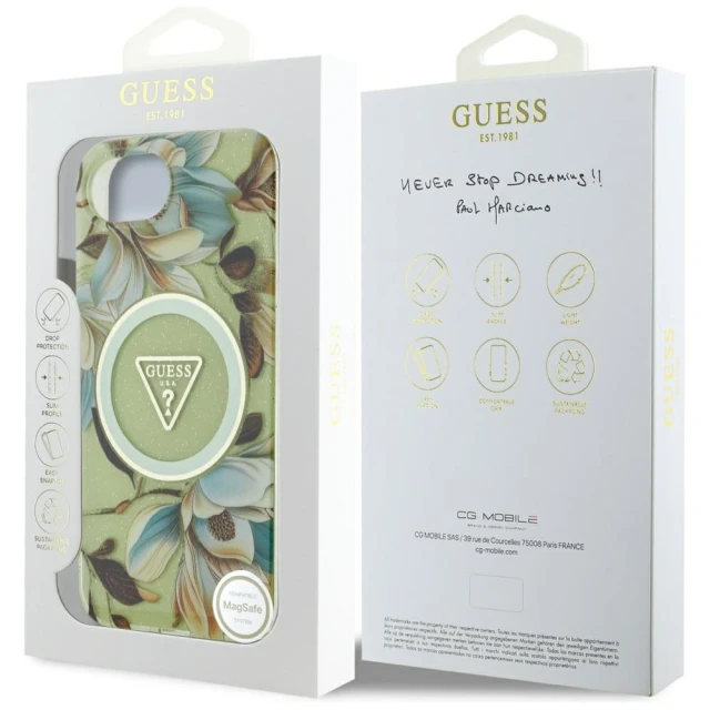 Чохол Guess Glitter Flowers Triangle Buttons для iPhone 16e Green with MagSafe (GUHMPSE4HFLPEDN)