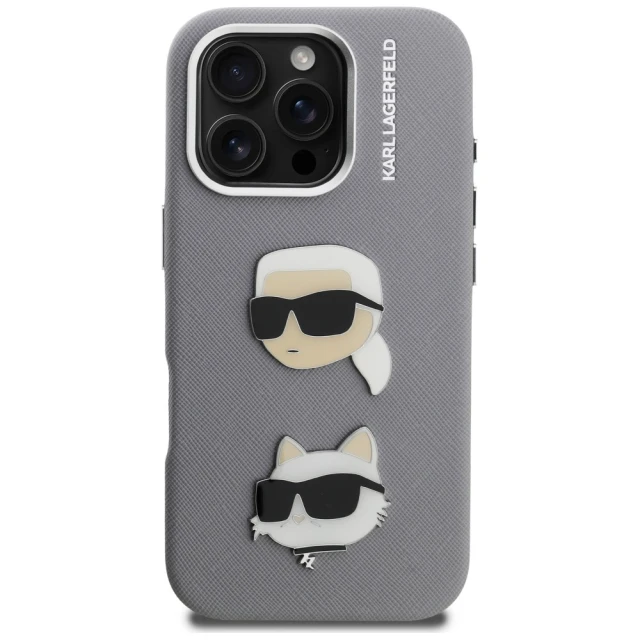 Чохол Karl Lagerfeld FW Grained Karl & Choupette Heads Pins для iPhone 16 Pro Max Grey (KLHCP16XPSFDHPG)