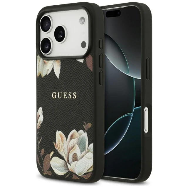 Чохол Guess Grained Flowers Classic Logo для iPhone 17 Pro Black with MagSafe (GUHMP17LPGNMPLMK)