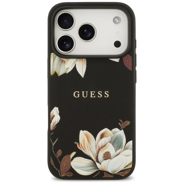 Чохол Guess Grained Flowers Classic Logo для iPhone 17 Pro Black with MagSafe (GUHMP17LPGNMPLMK)