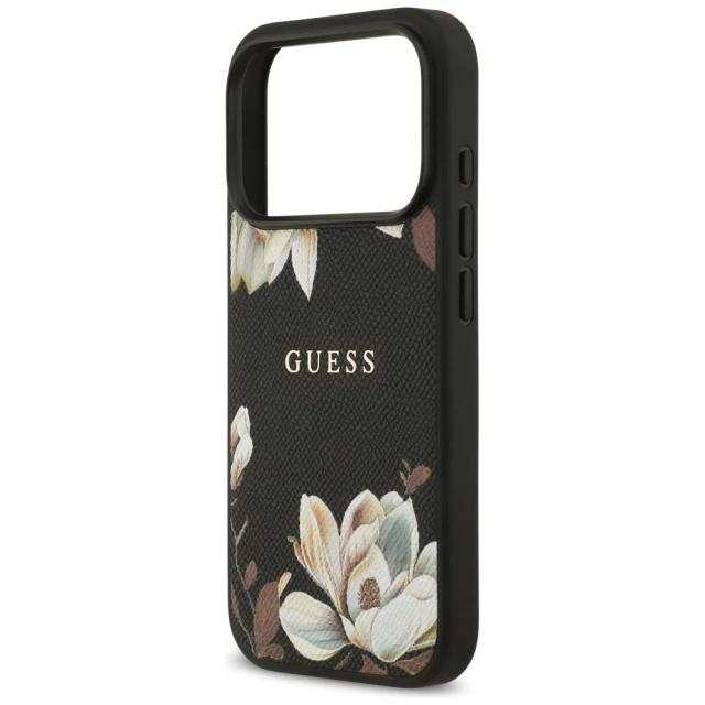 Чохол Guess Grained Flowers Classic Logo для iPhone 17 Pro Black with MagSafe (GUHMP17LPGNMPLMK)