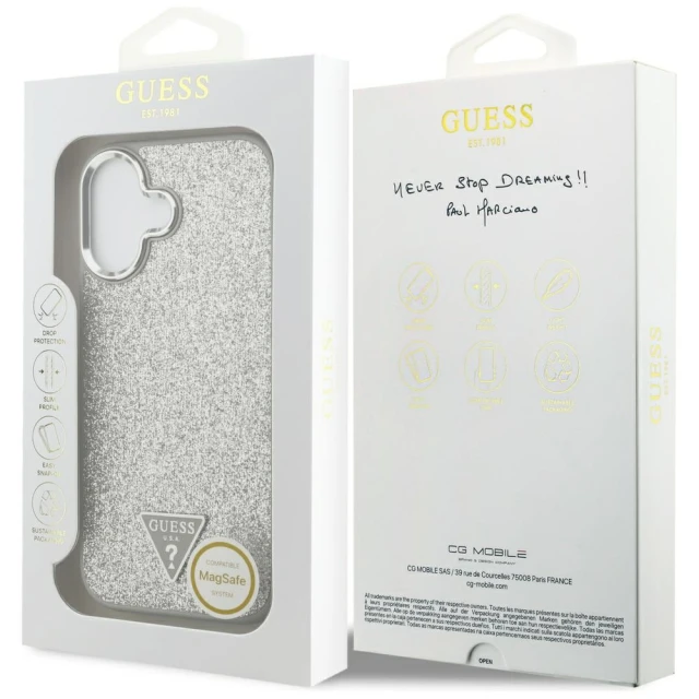 Чехол Guess Glitter Triangle Logo для iPhone 17 Silver with MagSafe (GUHMP17SPFGTSCMS)