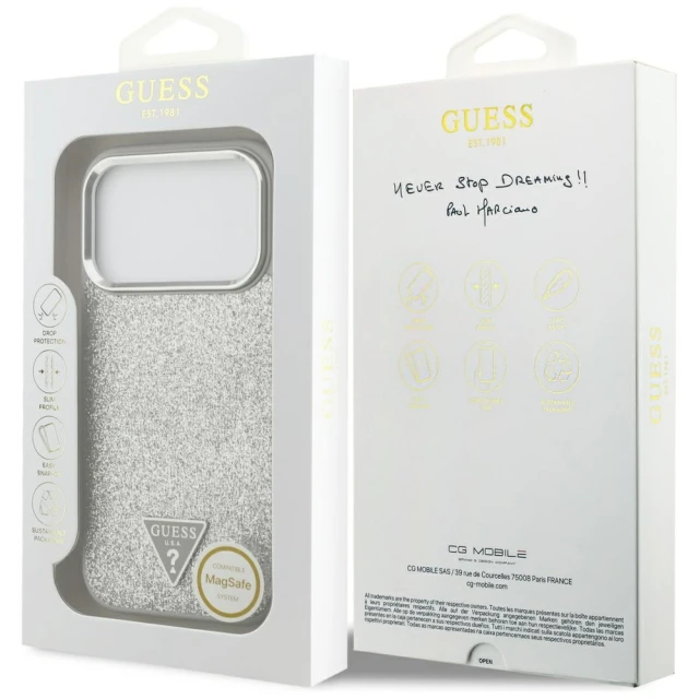 Чохол Guess Glitter Triangle Logo для iPhone 17 Pro Silver with MagSafe (GUHMP17LPFGTSCMS)