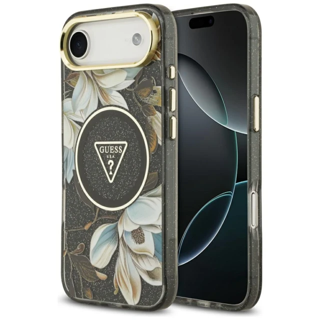 Чохол Guess IML Glitter Flowers Triangle для iPhone 17 Air Black with MagSafe (GUHMP17MHFLPEDK)