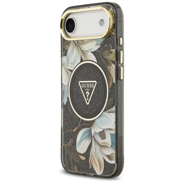 Чохол Guess IML Glitter Flowers Triangle для iPhone 17 Air Black with MagSafe (GUHMP17MHFLPEDK)