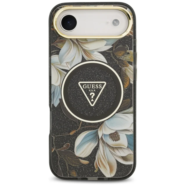 Чохол Guess IML Glitter Flowers Triangle для iPhone 17 Air Black with MagSafe (GUHMP17MHFLPEDK)