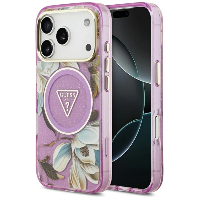 Чохол Guess IML Glitter Flowers Triangle для iPhone 17 Pro Max Purple with MagSafe (GUHMP17XHFLPEDU)