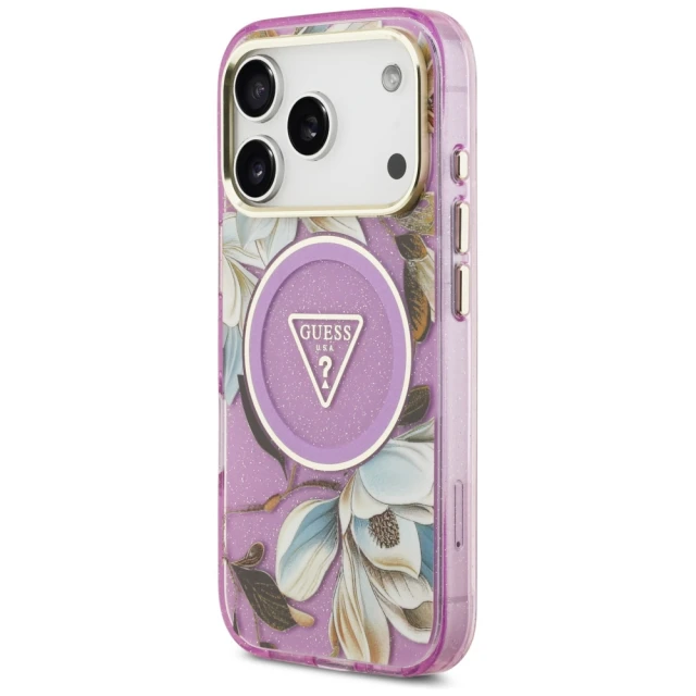 Чохол Guess IML Glitter Flowers Triangle для iPhone 17 Pro Max Purple with MagSafe (GUHMP17XHFLPEDU)