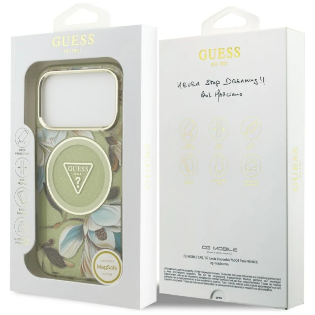 Чохол Guess IML Glitter Flowers Triangle для iPhone 17 Pro Max Green with MagSafe (GUHMP17XHFLPEDN)