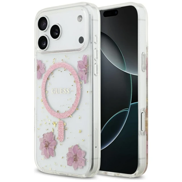 Чохол Guess Resin Flowers Glitter для iPhone 17 Pro Max Pink with MagSafe (GUHMP17XRBFGFGMP)