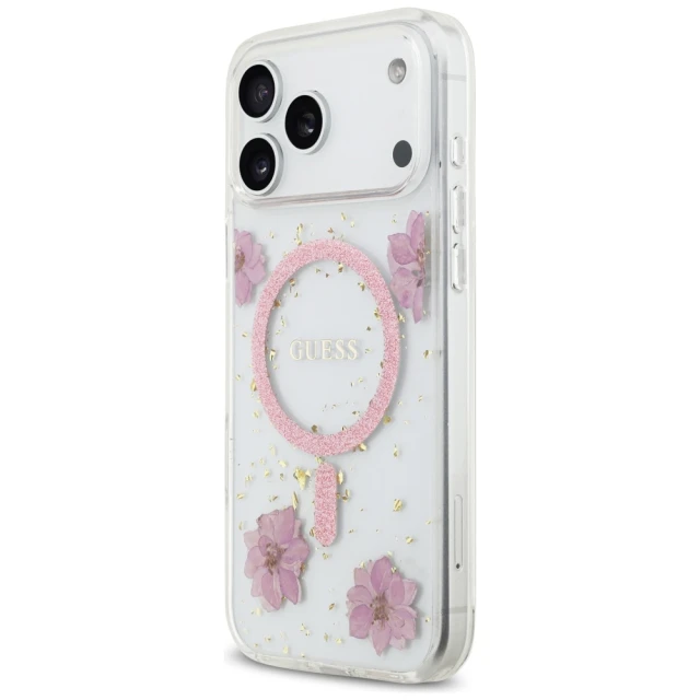 Чохол Guess Resin Flowers Glitter для iPhone 17 Pro Max Pink with MagSafe (GUHMP17XRBFGFGMP)