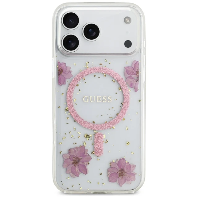 Чохол Guess Resin Flowers Glitter для iPhone 17 Pro Max Pink with MagSafe (GUHMP17XRBFGFGMP)