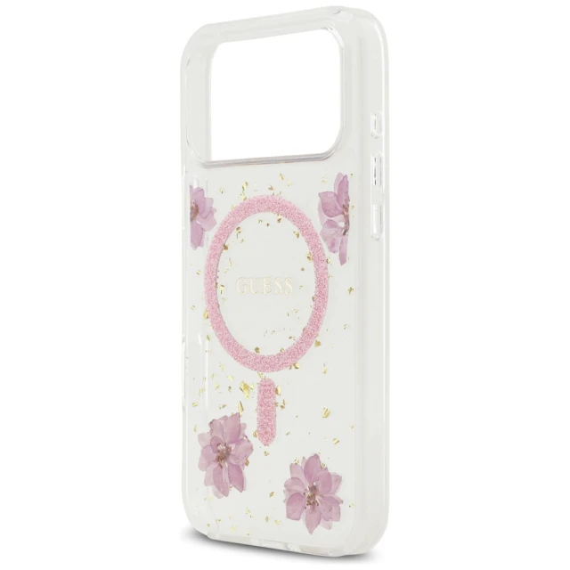 Чохол Guess Resin Flowers Glitter для iPhone 17 Pro Max Pink with MagSafe (GUHMP17XRBFGFGMP)