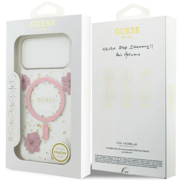 Чохол Guess Resin Flowers Glitter для iPhone 17 Pro Max Pink with MagSafe (GUHMP17XRBFGFGMP)