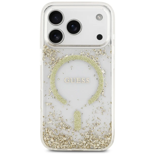 Чохол Guess Resin Bottom Glitter для iPhone 17 Pro Gold with MagSafe (GUHMP17LRGRGED)
