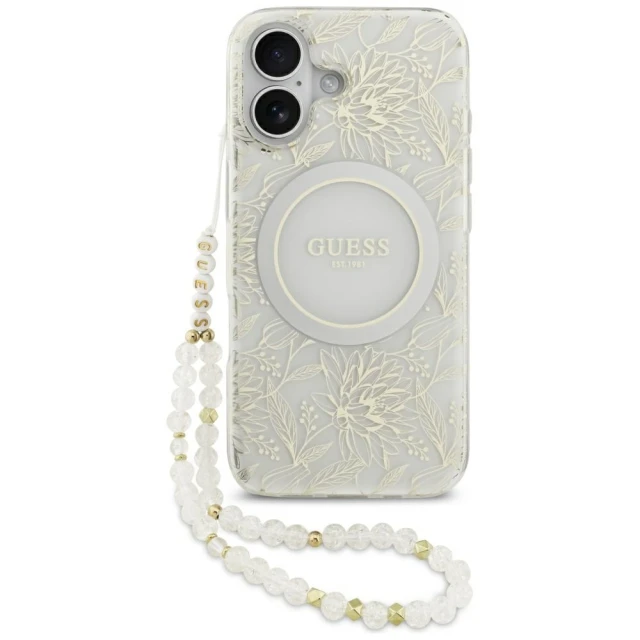 Чохол Guess IML Flowers Electro Pearl Strap для iPhone 17 White with MagSafe (GUHMP17SHCPOFPH)