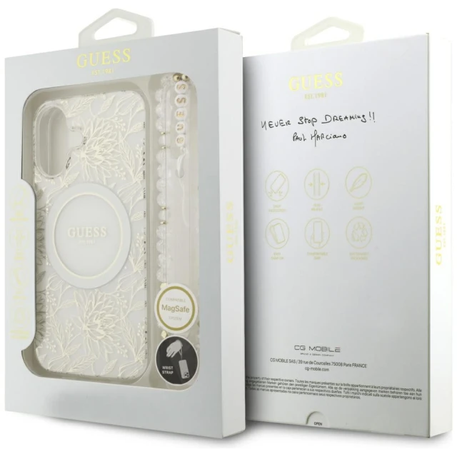 Чохол Guess IML Flowers Electro Pearl Strap для iPhone 17 White with MagSafe (GUHMP17SHCPOFPH)