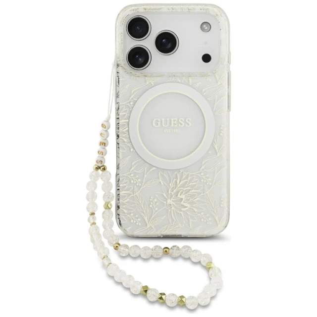Чохол Guess IML Flowers Electro Pearl Strap для iPhone 17 Pro White with MagSafe (GUHMP17LHCPOFPH)