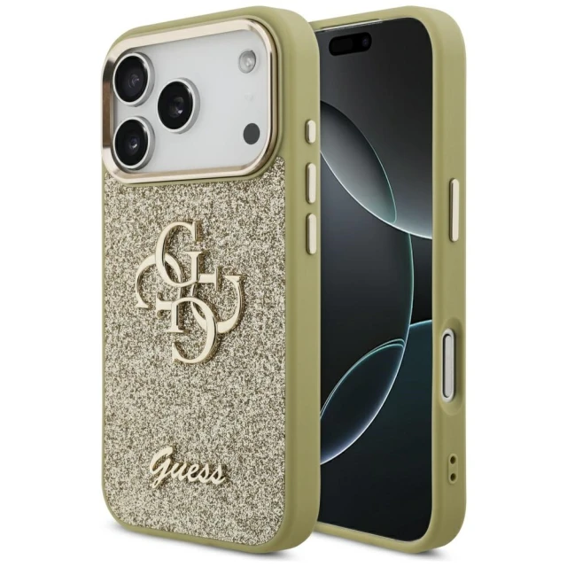 Чехол Guess Fixed Glitter Big 4G Metal Frame для iPhone 17 Pro Gold (GUHCP17LHG4SGCD)