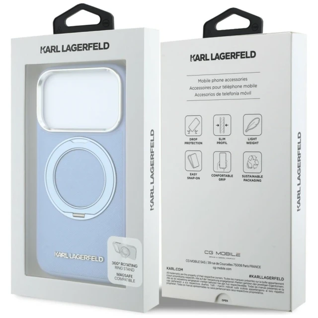 Чохол Karl Lagerfeld Ring Stand 360 Saffiano Classic Logo для iPhone 18 Pro Max | 17 Pro Max Light Blue (KLHMP18X6PSARSKMB)