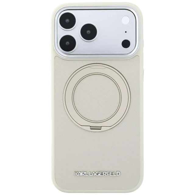 Чохол Karl Lagerfeld Ring Stand 360 Saffiano Classic Logo для iPhone 18 Pro Beige (KLHMP18L6PSARSKME)