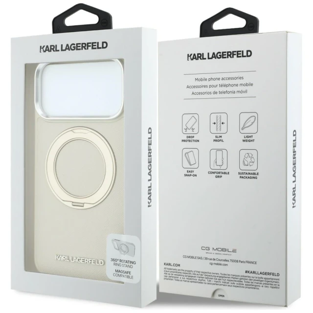Чохол Karl Lagerfeld Ring Stand 360 Saffiano Classic Logo для iPhone 18 Pro Beige (KLHMP18L6PSARSKME)