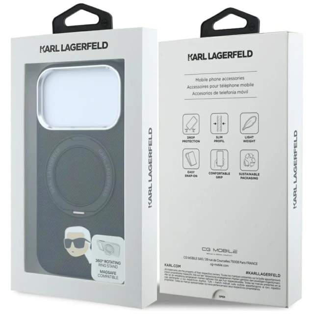 Чохол Karl Lagerfeld with Ring Stand 360 Karl Head Pin для iPhone 18 Pro Max | 17 Pro Max Black (KLHMP18XPSRSKLHK)