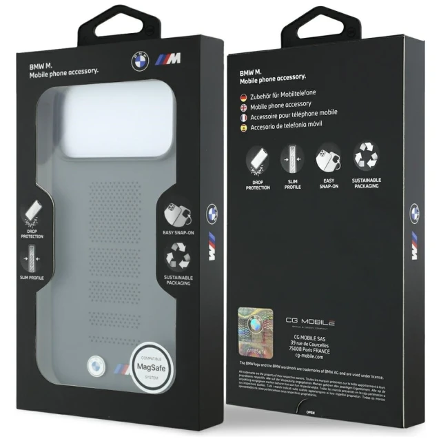 Чехол BMW M Blue Perfo Metal Logo для iPhone 18 Pro | 17 Pro Grey (BMHMP18L26SWPPEA)