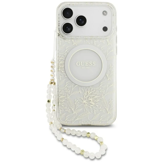 Чохол Guess IML Flowers Allover Electroplated with Pearl Strap для iPhone 18 Pro Max | 17 Pro Max White (GUHMP18XHCPOFPH)