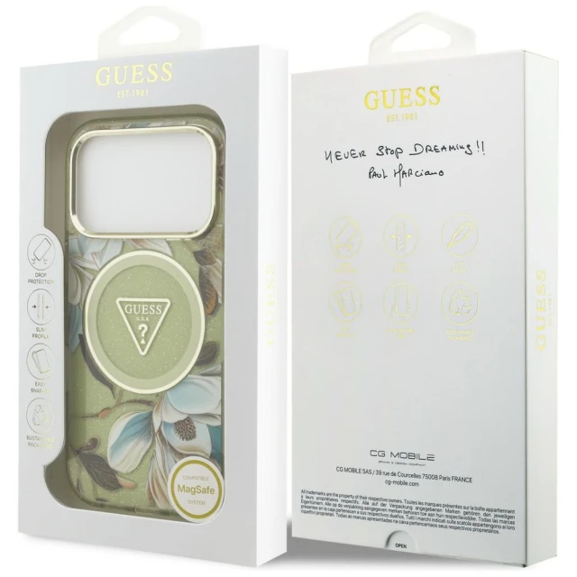 Чохол Guess IML Glitter Flowers Triangle для iPhone 18 Pro Max | 17 Pro Max Green (GUHMP18XHFLPEDN)