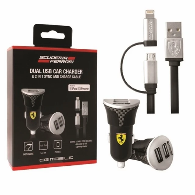 Автомобільний зарядний пристрій Ferrari 2xUSB-A 45W Black with USB-A to Lightning/microUSB (FEBCCCBUNBK)