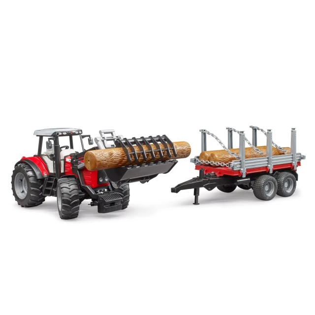 Трактор Massey Ferguson 7480 з фронтальним навантажувачем та причепом для перевезення деревини Bruder (2046)