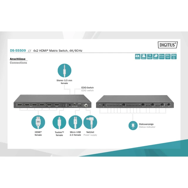HDMI матричний комутатор Digitus DS-55509 4x2 4K 60Hz (4016032478966)