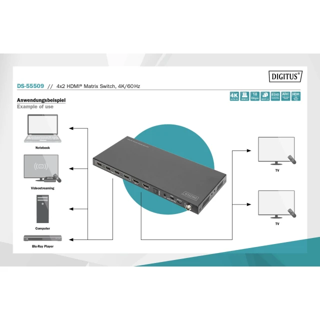 HDMI матричний комутатор Digitus DS-55509 4x2 4K 60Hz (4016032478966)