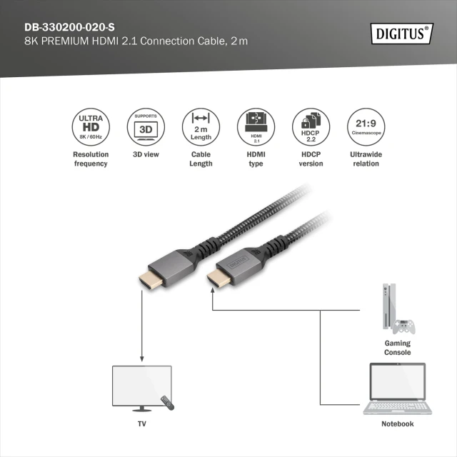 Кабель Digitus DB-330200-020-S HDMI 8K Ultra High Speed 2 м Black (4016032481218)